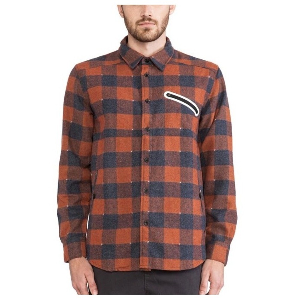 ourCASTE Revolve Moose Buffalo Plaid Wool Flannel Shirt Mens‎ Medium Orange Gray